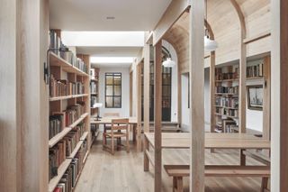 The oak joinery in Crawshaw Archtects' new library in Dorset