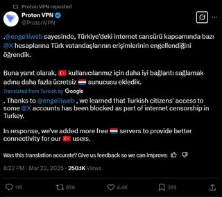 Screenshot of a Proton VPN tweet shared on March 22, 2025