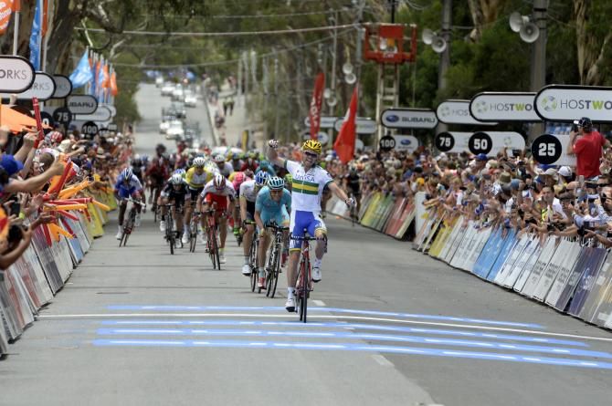 Jack Bobridge (UniSA) holds off the peloton and his breakaway companions to win the stage