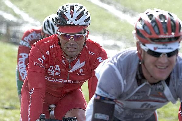 Rhys Pollock (Drapac Porsche) feels the strain in the cold conditions riders had to face during the 200km classic.