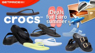 Blue background with Crocs logo and scattered images of Crocs shoes