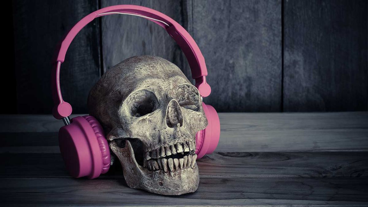 A skull wearing headphones