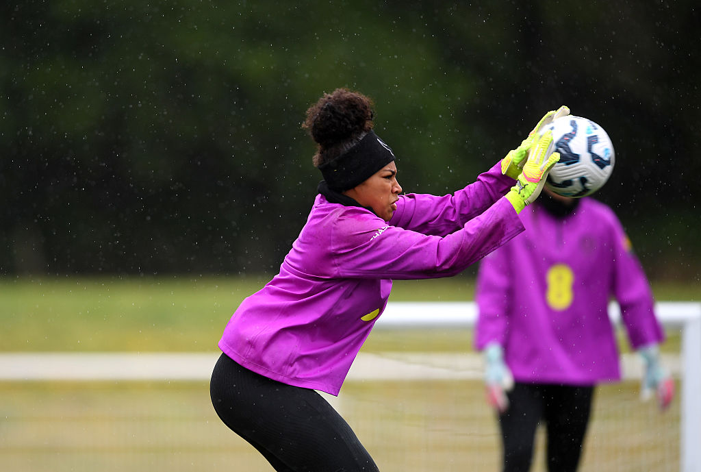 Khiara Keating of England makes a save during a training session at St Georges Park on May 27, 2025 in Burton-upon-Trent, England.