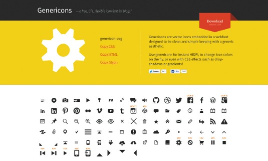 Genericons contains 94 embedded vector icons. It's licensed under the GNU General Public License (GPL) and can be used with CSS effects to create user interface elements that are compatible across a range of devices