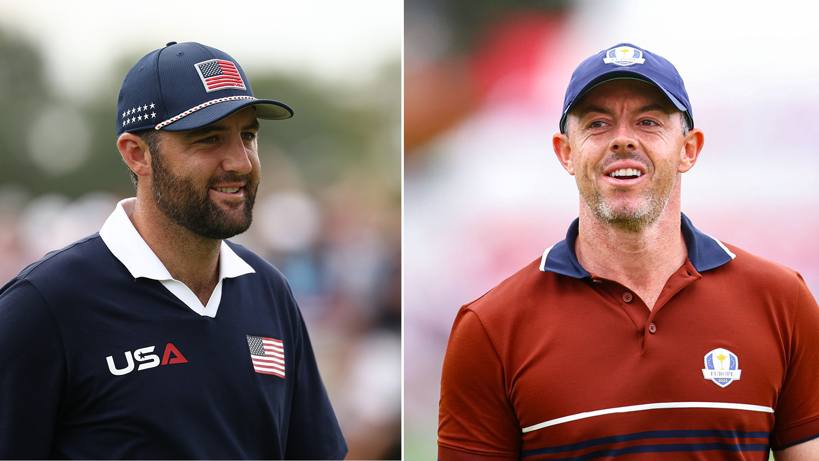 Scottie Scheffler (left) smiles in US Ryder Cup apparel with Rory McIlroy (right) also smiling in Team Europe Ryder Cup apparel