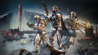 Three Guardians run alongside each other holding weapons. The background shows a mining facility on a desolate rocky planet