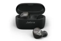 Jabra Elite 75t case and buds, in grey and black, on white background