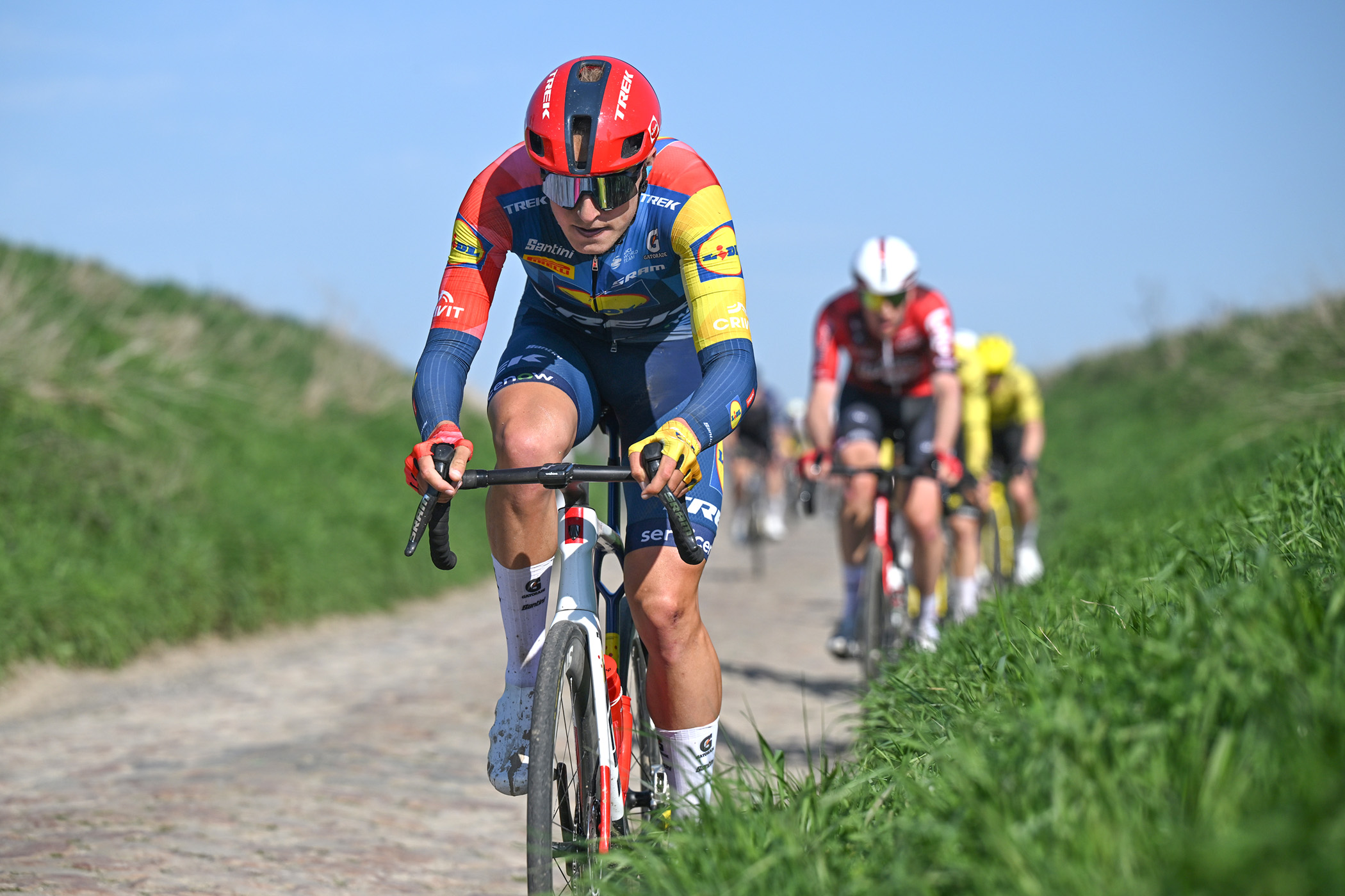 Albert Philipsen (Lidl-Trek) attacking over a cobblestone sector during the GP Denain back in March