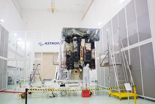 A view of the Solar Orbiter spacecraft in the clean room.