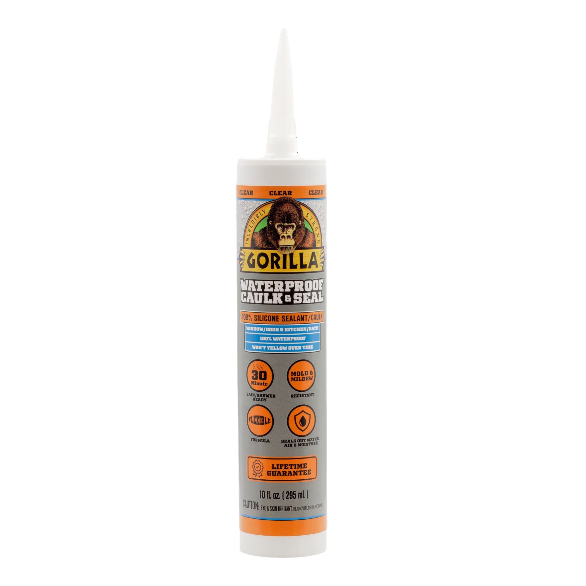 A white tube of Gorilla caulk with yellow and blue label