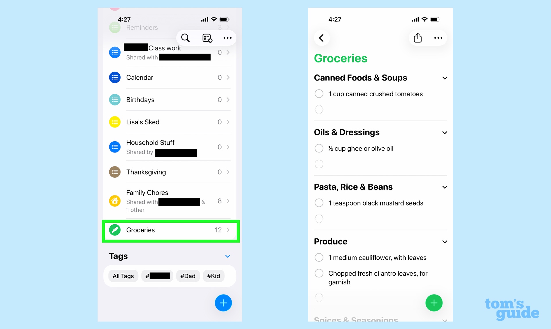 finding an organized grocery list in Reminders