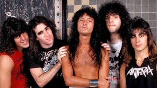 A line-up photo of Anthrax in 1986