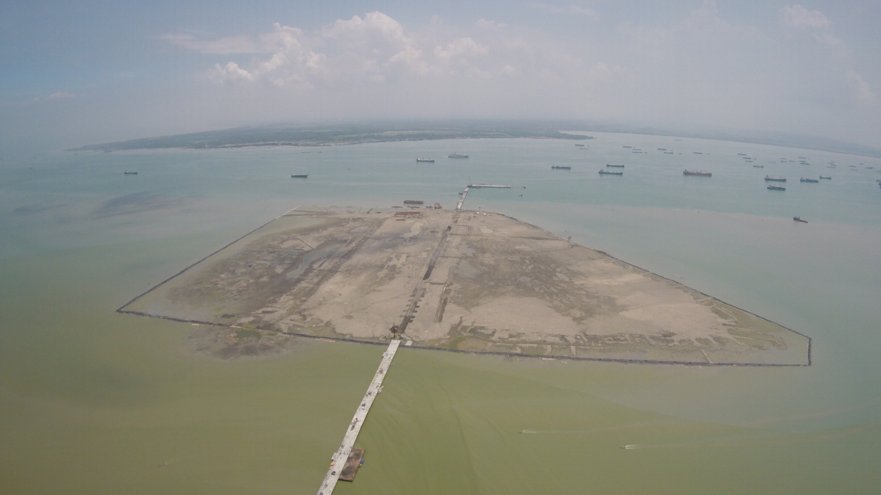 An aerial photograph of the artificial island in the Madura Strait, Indonesia.