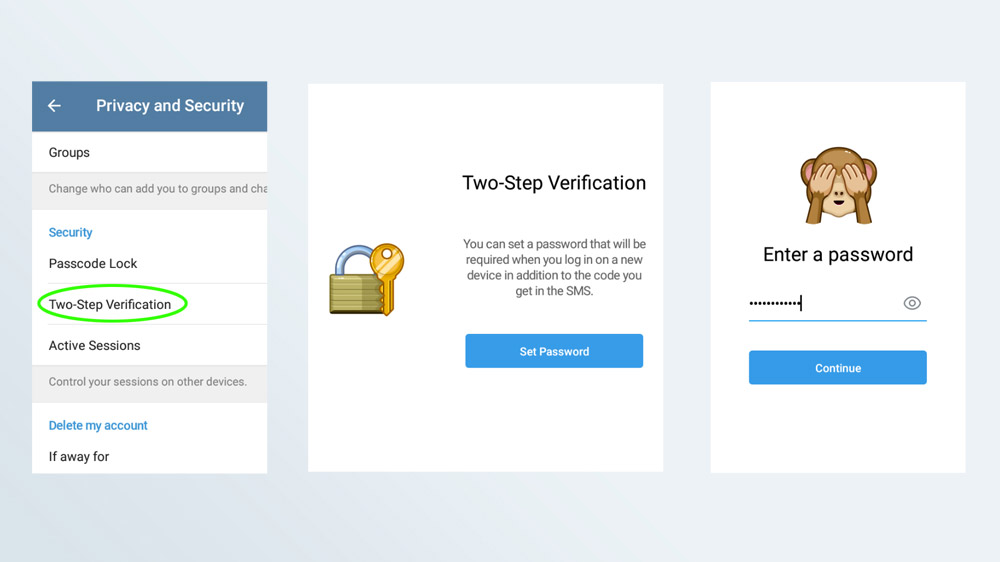 Screenshots of the two-step verification steps in the Telegram Android app.