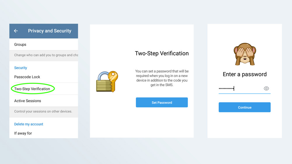 Capturas de pantalla de los pasos de verificación en dos pasos en la aplicación Telegram para Android.