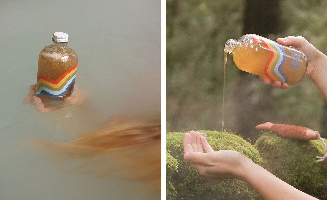 bottle of Bathing Culture body wash in water, bottle of Bathing Culture body wash being poured into a hand