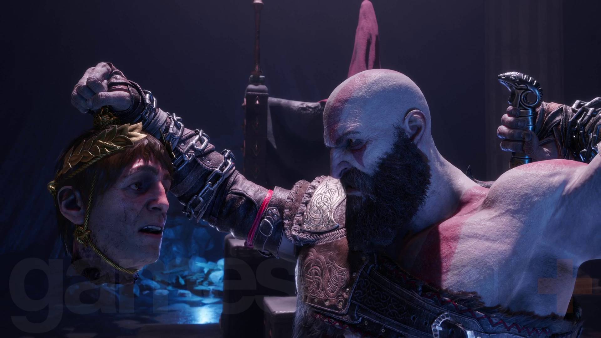 God of War Ragnarok Valhalla Kratos tenant la tête d'Hélios