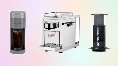 coffee machines on a pastel colored background