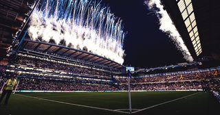 A general view inside the stadium of the pre match celebratory fireworks prior to UEFA Champions League group H match between Chelsea FC and Zenit St. Petersburg at Stamford Bridge on September 14, 2021 in London, England.