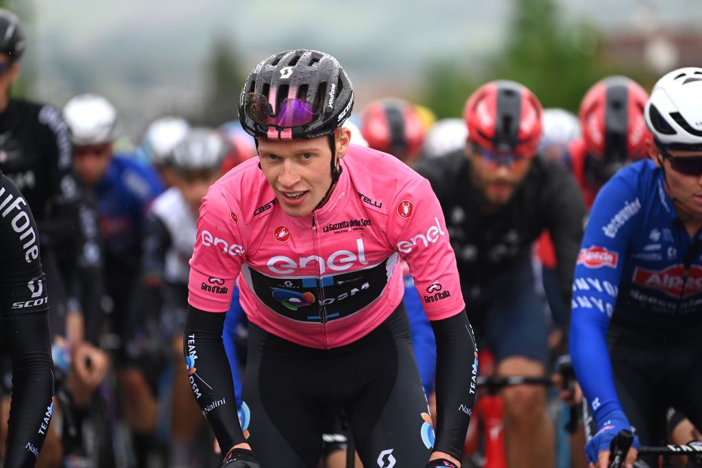 SALERNO ITALY MAY 10 Andreas Leknessund of Norway and Team DSM Pink Leader Jersey competes during the 106th Giro dItalia 2023 Stage 5 a 171km stage from Atripalda to Salerno UCIWT on May 10 2023 in Salerno Italy Photo by Tim de WaeleGetty Images