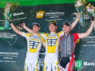 The men's podium (L to R): Greg Henderson (Columbia-Highroad), Andre Greipel (Columbia-Highroad) and Kirk O'bee (Bissell).