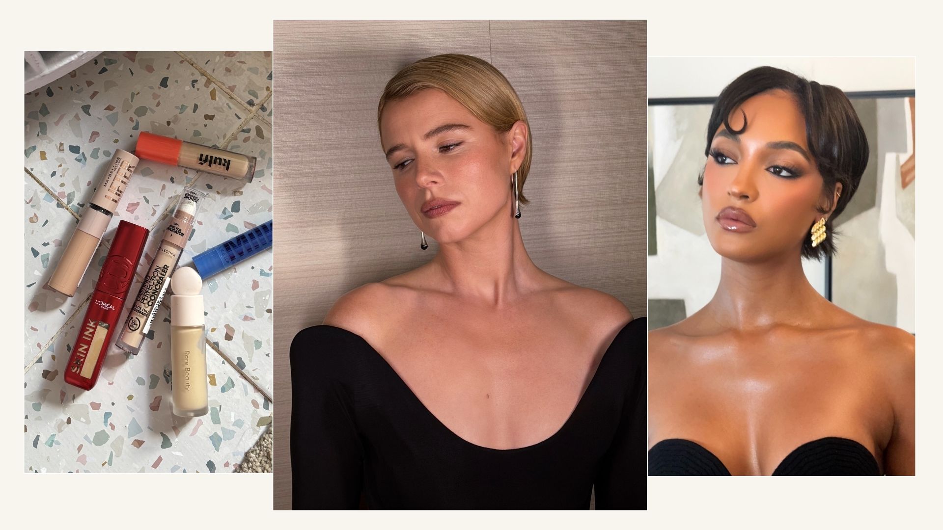 A collage with some of the best long-lasting concealers, and photos of Jessie Buckley and Jourdan Dunn