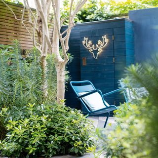 garden with blue shed and metal armchair deer head lighting feature