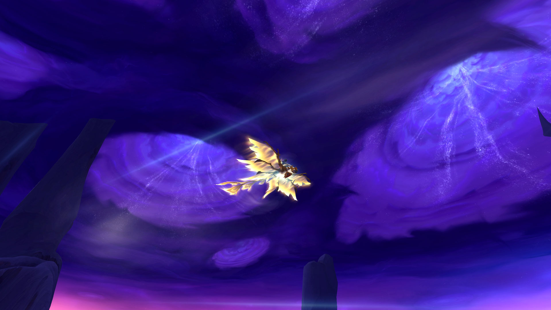 Images showing the Voidstorm in World of Warcraft - deep, purple, foreboding magical space and cragged crystalline cliffsides. 