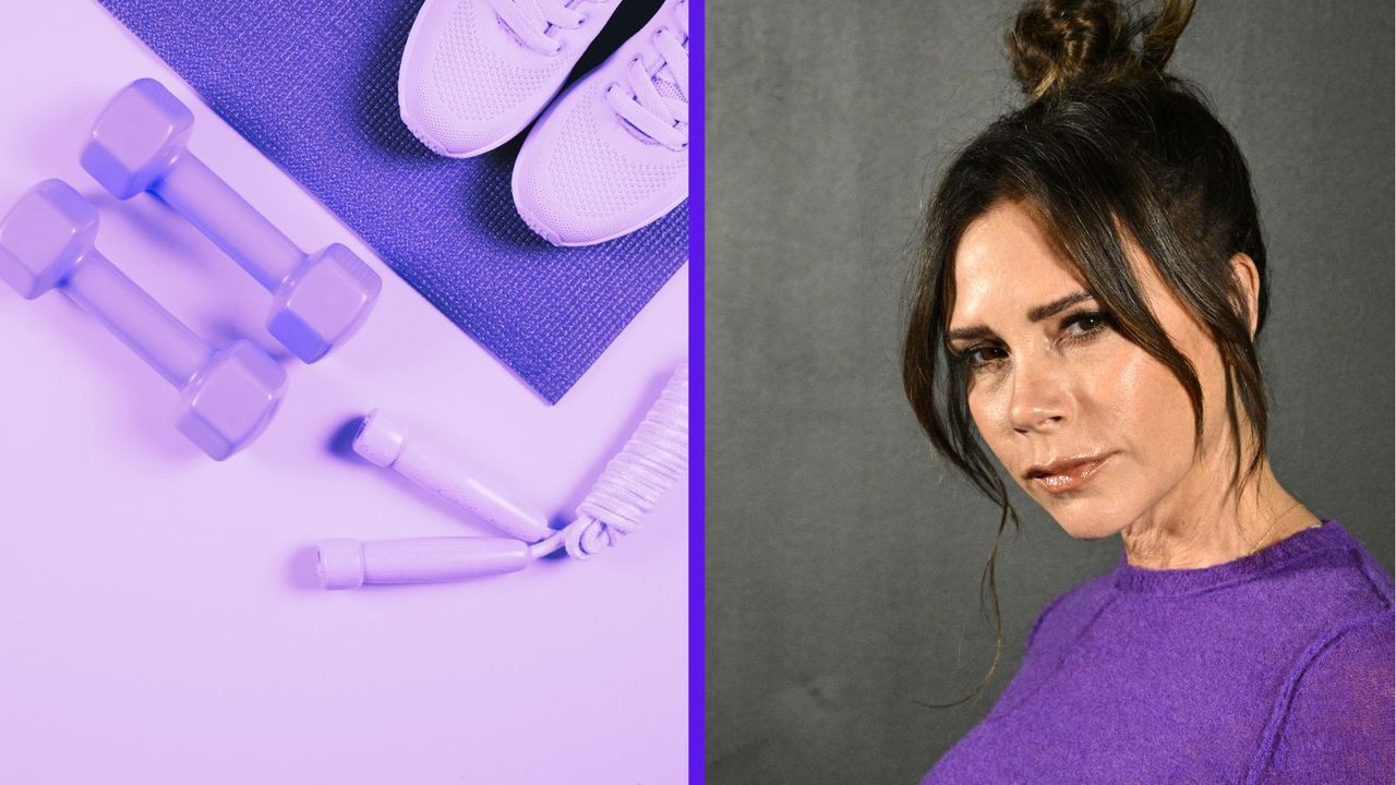 Purple exercise equipment next to Victoria Bekcham in a purple sweater