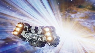Starfield — A spaceship engages its FTL drive, with the expected kaleidoscope of light streaks and lens flares.