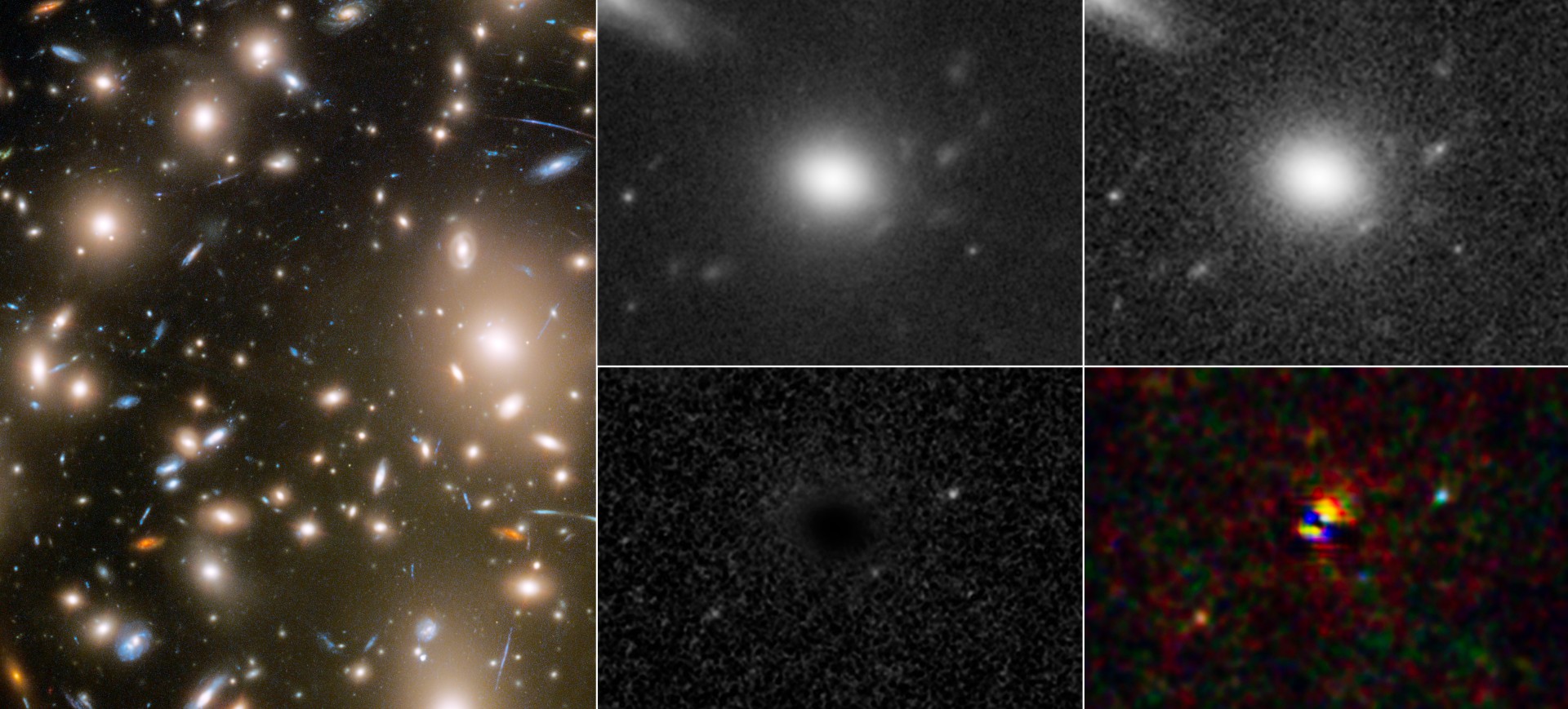 Through a phenomenon called gravitational lensing, three different moments in a far-off supernova explosion were captured in a single snapshot by NASA's Hubble Space Telescope.