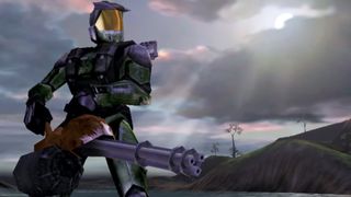 Early build of Halo in 1999 showing very early Master Chief holding a minigun