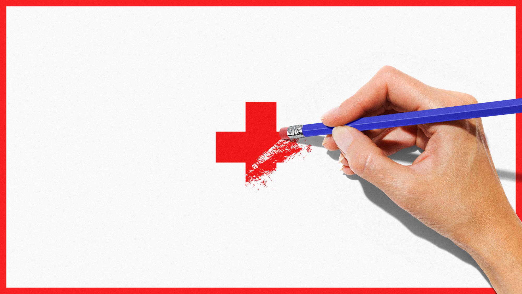 Photo illustration of a hand using a pencil's eraser to rub out a red cross medical symbol