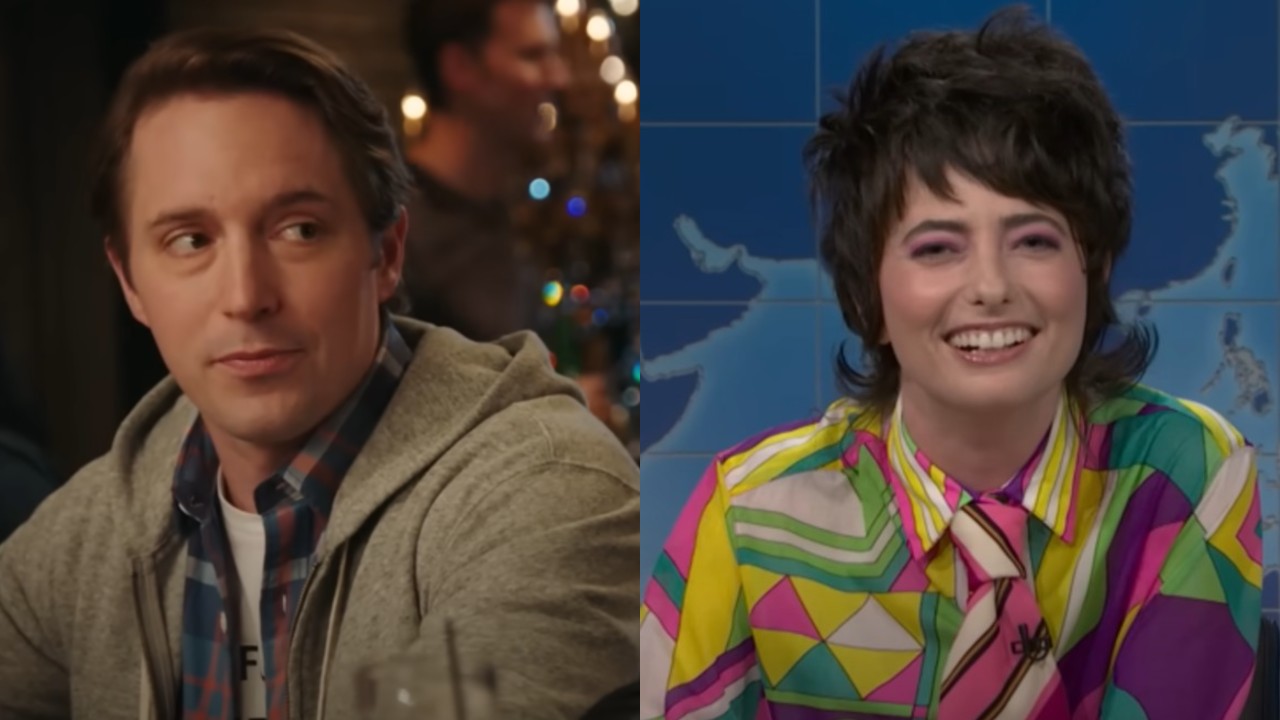 From left to right: Beck Bennett in an SNL sketch looking to his right and Sarah Sherman on Weekend Update smiling at the camera. 