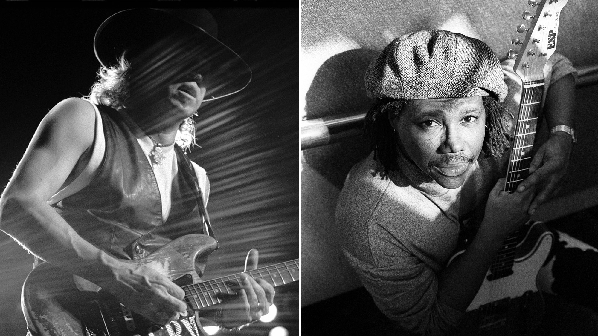 Stevie Ray Vaughan (left) plays his iconic #1 Strat onstage, Nile Rodgers, seated, holds an ESP guitar