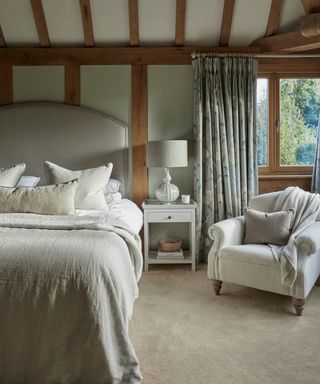 Traditional bedroom with neutral carpet