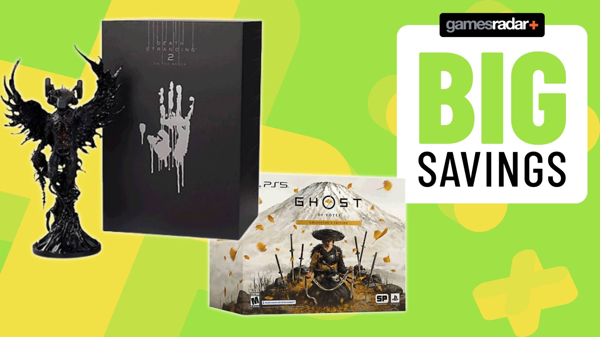 Image of the Death Stranding 2 and Ghost of Yotei PS5 collector's editions on a light green GamesRadar+ background.