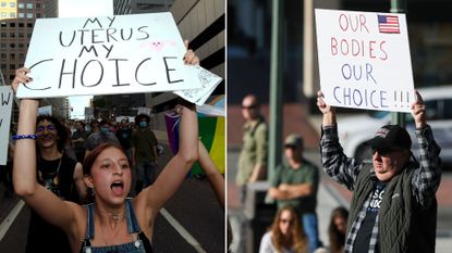 woman protesting anti abortion and man protesting anti vax