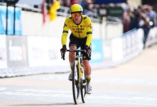 ROUBAIX, FRANCE - APRIL 13: Matthew Brennan of Great Britain and Team Visma | Lease a Bike crosses the finish line during the 122nd Paris - Roubaix 2025 a 259.2km one day race from Compiegne to Roubaix / #UCIWT / on April 13, 2025 in Roubaix, France. (Photo by Luc Claessen/Getty Images)
