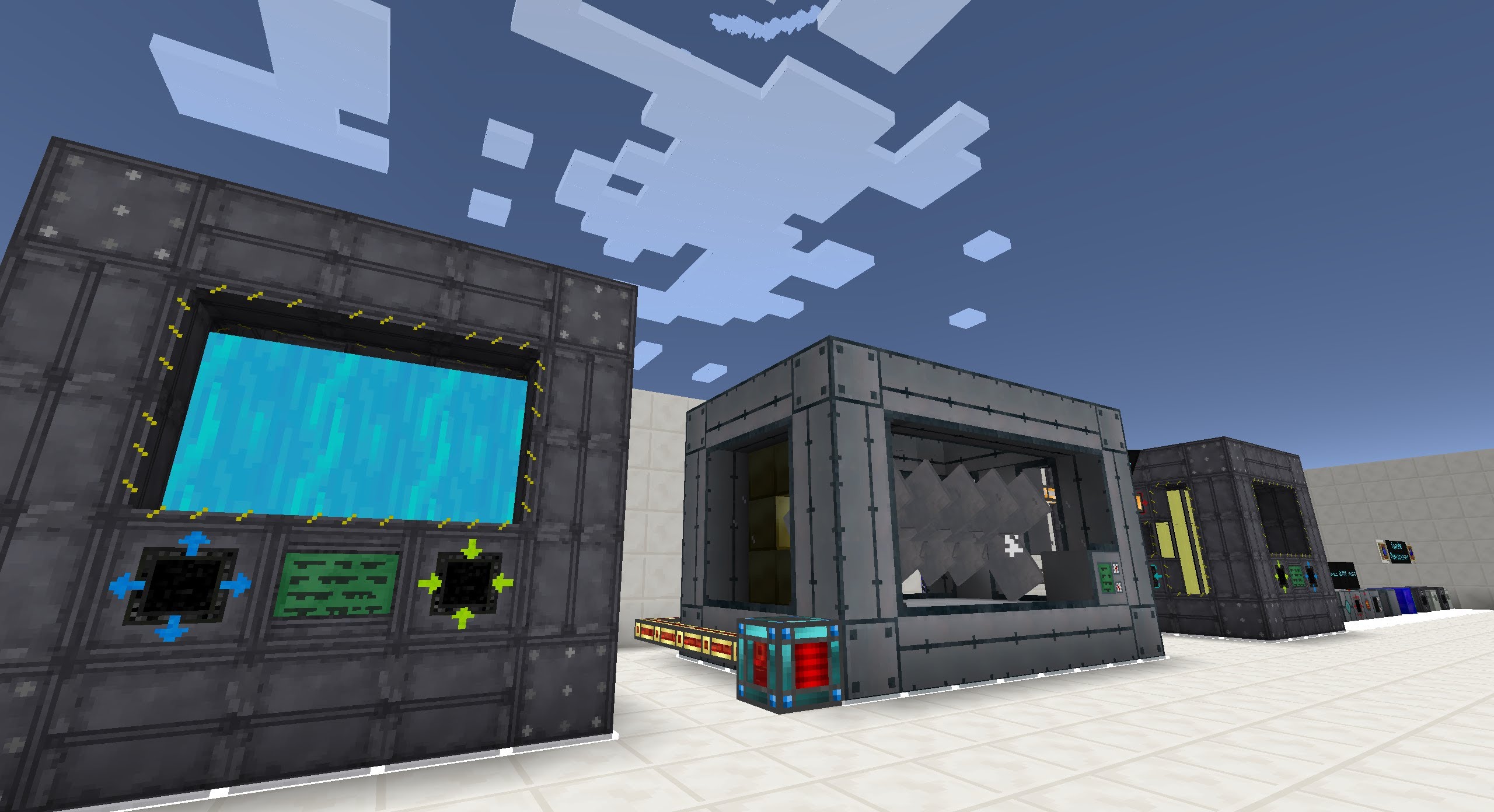 Minecraft mods - Big reactors - Several metal reactors lined up in a white marble base