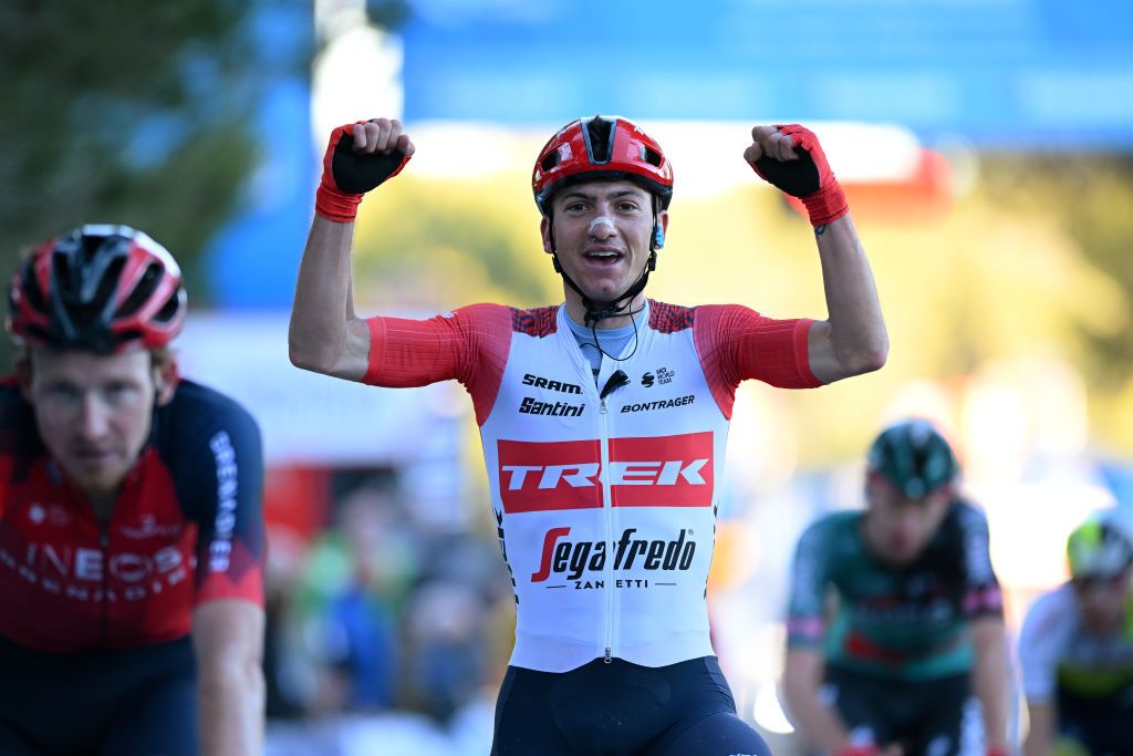 ALTO DE PINOS SPAIN FEBRUARY 02 Giulio Ciccone of Italy and Team Trek Segafredo celebrates at finish line as stage winner during the 74th Volta a la Comunitat Valenciana 2023 Stage 2 a 1782km stage from Novelda to Alto de Pinos 621m VCV2023 VoltaValenciana on February 02 2023 in Alto de Pinos Spain Photo by Dario BelingheriGetty Images