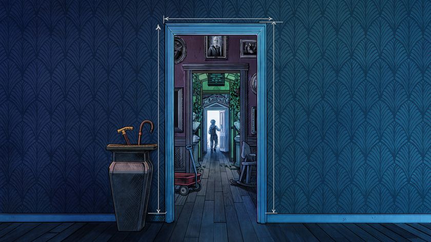 The key art for the Blue Prince showing a doorway on a blue wall, which is open to reveal several more rooms within its frame, a person deep within opening another door several layers deep to a bright white light