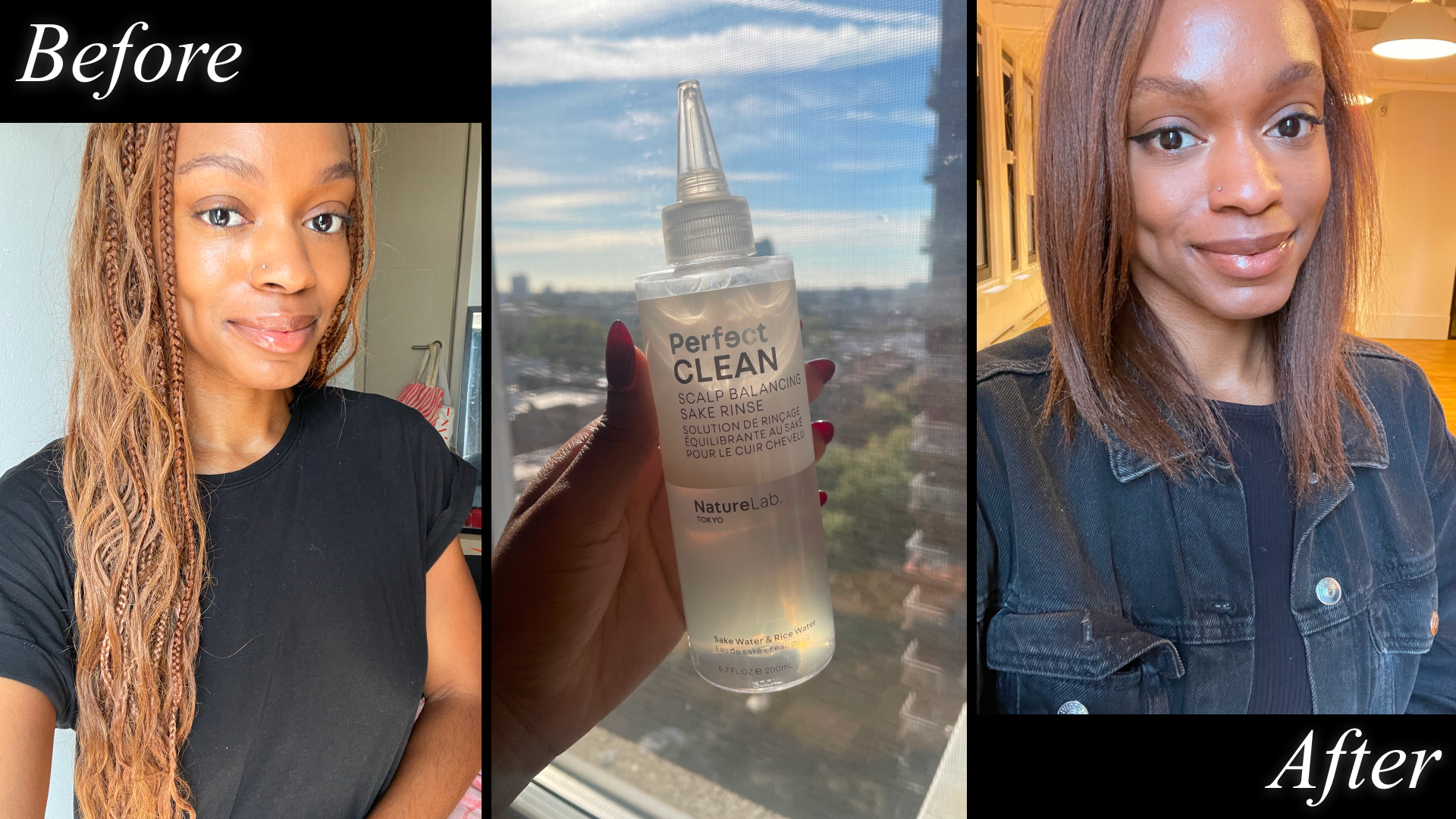 a person before and after using the nature lab tokyo sake scalp rinse