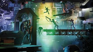 Keyart of Flashback 2, showing a man leaping across a chasm in a cyberpunk setting.