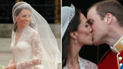 L-R: Kate Middleton in her wedding dress, Prince William and Kate Middleton kissing