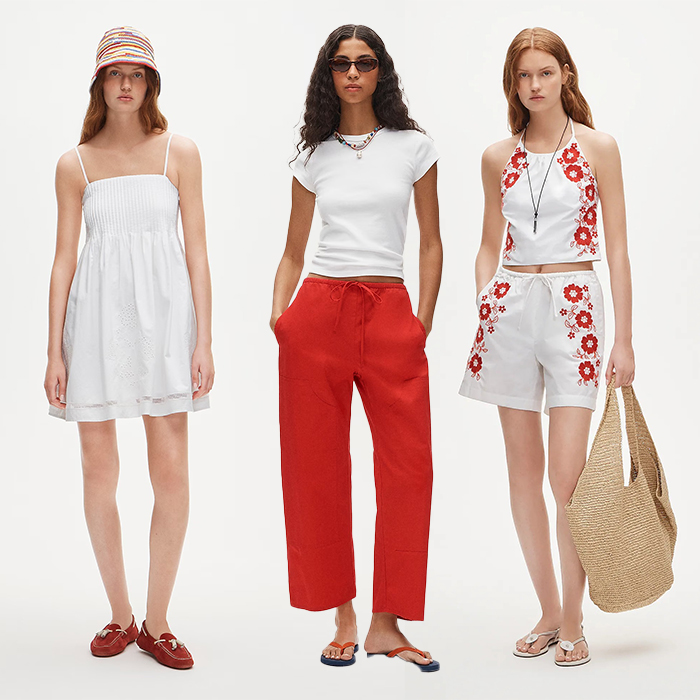 Models wear j.crew clothing. One wears red pants and white blouse. One wears a matching set. One wears white dress. 