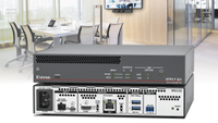 The new Extron DTP3 T 321 4K/60 USB-C DTP3 Transmitter superimposed on a small conference room. 