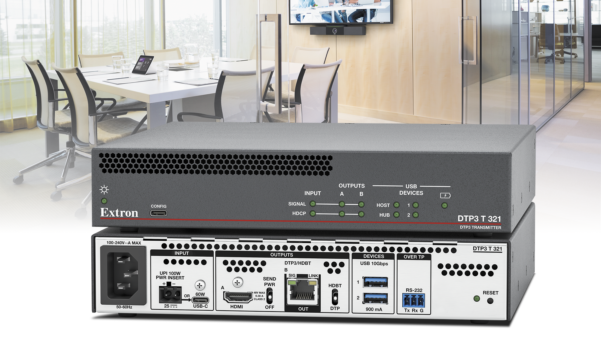 The new Extron DTP3 T 321 4K/60 USB-C DTP3 Transmitter superimposed on a small conference room. 