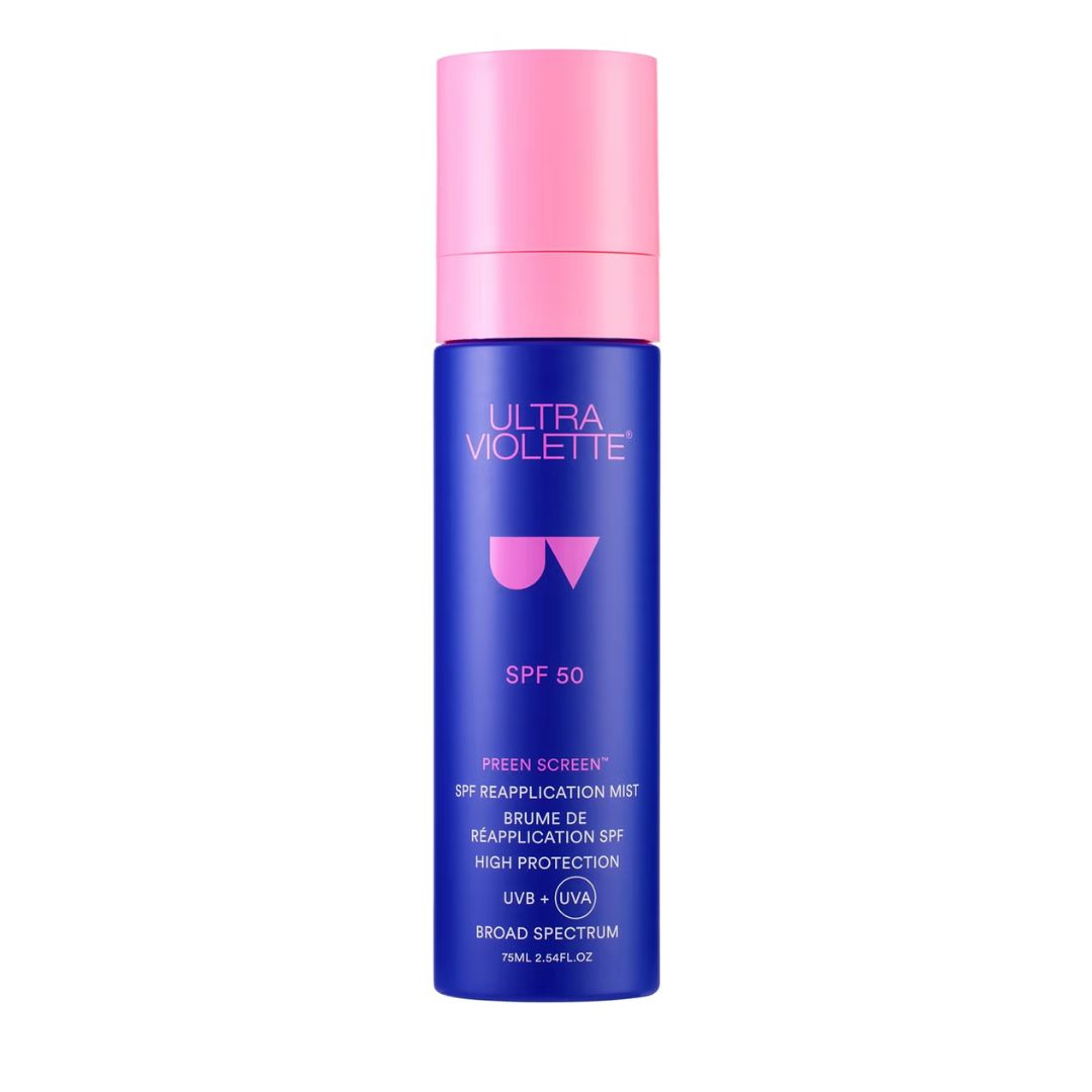 a packshot bottle of ultra violette preen screen reapplication mist