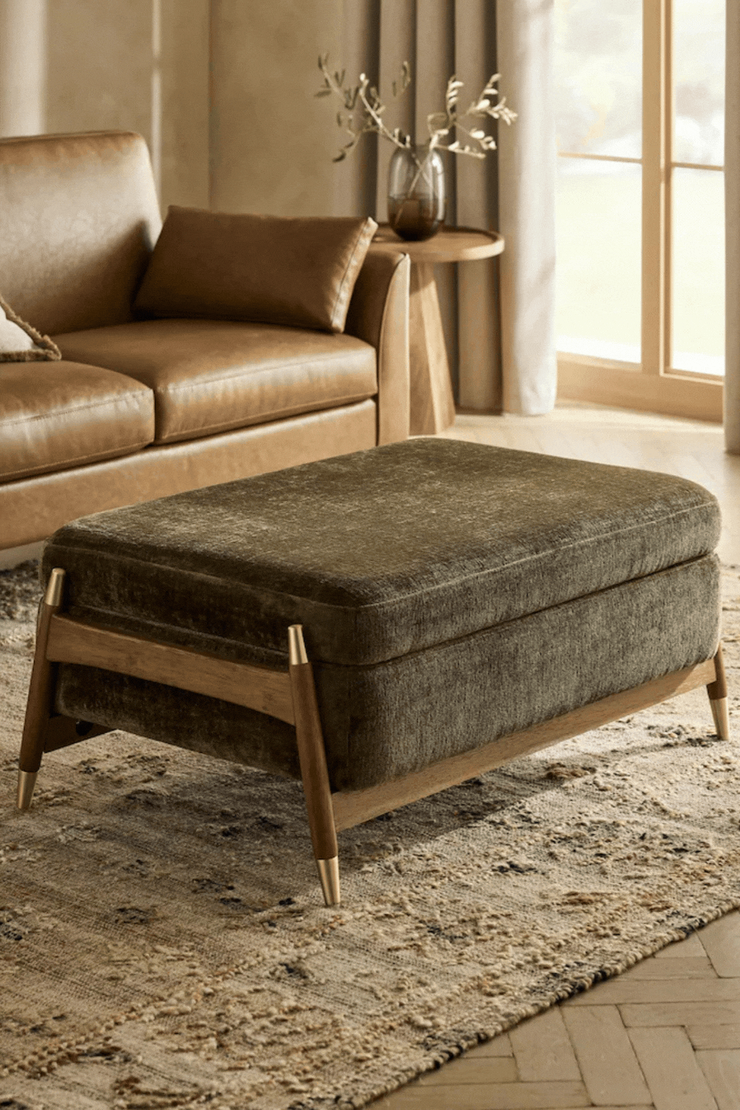 Next, Plush Chenille Moss Green Flinton Large Wooden Storage Footstool